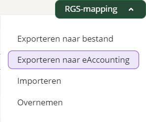 In het scherm Rekeningen is de nieuwe optie Exporteren naar eAccounting toegevoegd onder de knop RGS-mapping.