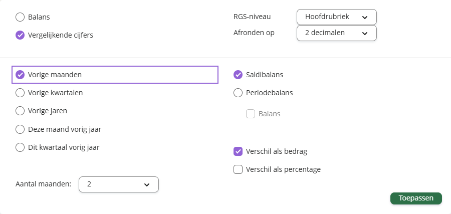 Opties voor het tonen van de vergelijkende cijfers